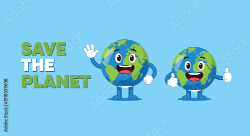 Cartoon Earth Characters Waving and Thumbs Up.