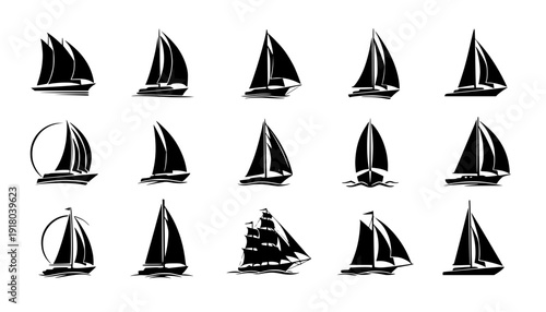 Sail boat logo silhouette vector design, sail boat logo icon silhouette, sailboat sailing ship logo vector illustration, sailboat and sailing ship vector silhouette logo design on white background