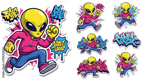 Cartoon alien character illustrations in street art style with graffiti elements