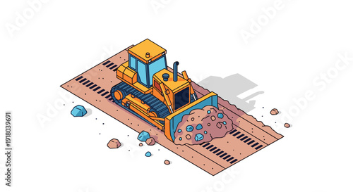 Yellow Bulldozer on Railway Tracks Illustration.