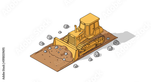 Yellow Bulldozer on Construction Site Illustration.