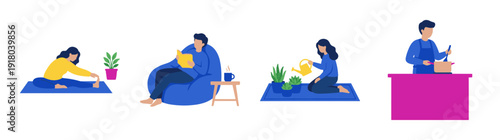 Flat Vector Wellness and Home Hobbies Character Graphic Set for Lifestyle Blog and Self-Care Branding