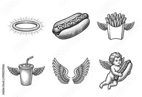 Heavenly fast food collection featuring hot dogs french fries and soda cup in vintage woodcut engraving style