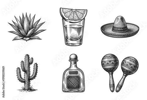 Mexican culture and tequila heritage collection featuring agave plant, cactus, sombrero, and musical instruments in vintage woodcut style engraving.