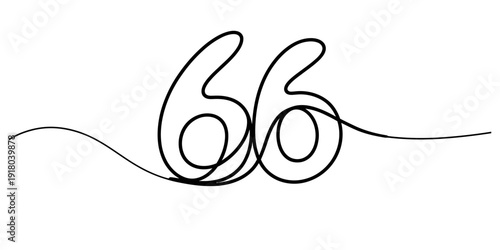 Continuous line drawing of the number sixty six in a minimalist black and white style Vector, illustration
