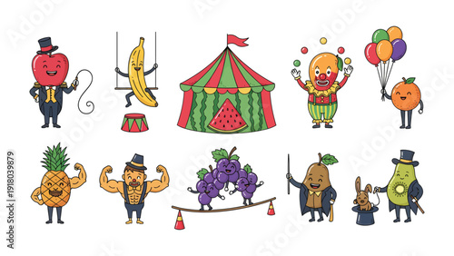 Fruits Circus: A vibrant illustration showcasing a playful circus theme, where whimsical fruits come alive in a series of amusing acts and performances.