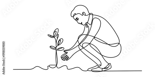 A single line drawing of a young person crouching down to plant a small seedling in the ground. Vector, illustration