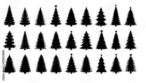 Christmas tree silhouette clipart set. Black Christmas tree drawing clip art collection in white background for xmas season pine tree flat icon decoration vector illustration.