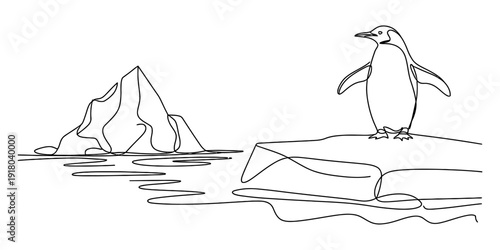 Simple line drawing of a penguin standing on a piece of floating ice near a large jagged iceberg Vector, illustration