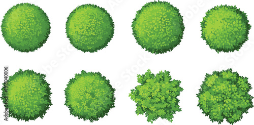 Large set of top view green bush and tree canopy symbols featuring various lush foliage textures isolated on white background for landscape architecture design.