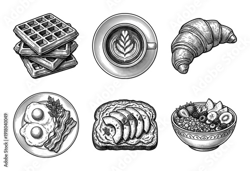 Vintage hand drawn engraving style breakfast food collection featuring coffee waffles croissant eggs and fruit bowl