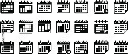 Set of black calendar icons with various grid layouts and date markers for schedule planning and event reminder interface design