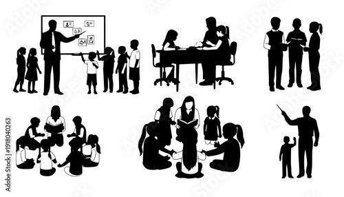 Set of teacher and student silhouette interactions, educational concept vector with children and adults in various learning scenes