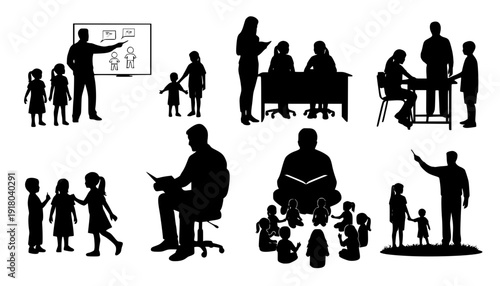 Set of teacher and student silhouette interactions, educational concept vector with children and adults in various learning scenes