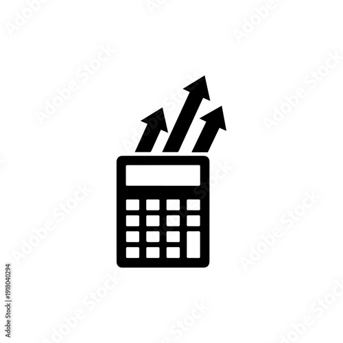 Accounting growth icon with minimalist black calculator and rising arrows Vector illustration