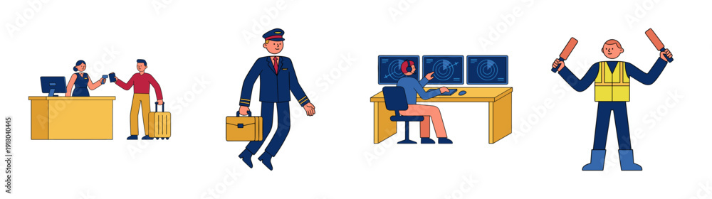 Fototapeta premium Flat Vector Aviation Personnel and Airport Ground Crew Asset Sheet for Logistics Management