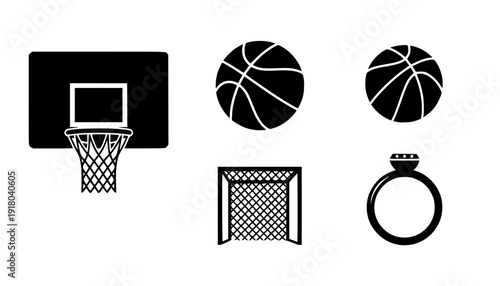 Basketball hoop, basketball and goal, net, ring icon silhouettes set