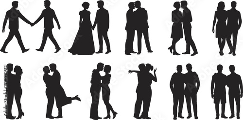 Silhouette collection of diverse couples including same sex and heterosexual pairs holding hands kissing and hugging for romantic wedding or valentines day concepts