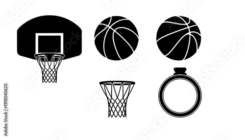 Basketball hoop, basketball and goal, net, ring icon silhouettes set