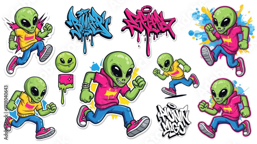 Cartoon aliens with graffiti elements on white background vector illustration