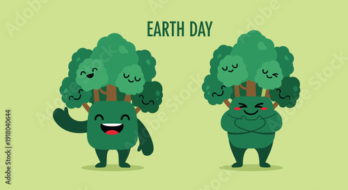 Cartoon Broccoli Characters with Happy Faces.