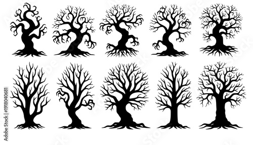 scary vector dead trees isolated on white. detailed crooked spooky leafless trees set.