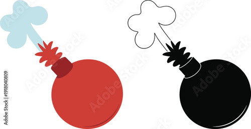 Cartoon bomb vector illustration set, red and black exploding bomb icons with smoke and sparks