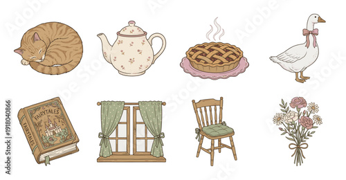 Cottagecore Aesthetic Illustration Set, Vintage Style Vector Icons