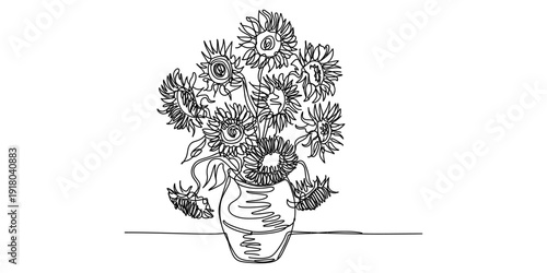 A black and white line art illustration of a full bouquet of sunflowers in a simple vase Vector, illustration
