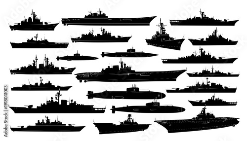 Warship navy silhouettes set, large pack of vector silhouette design, isolated white background.