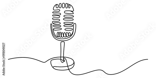 A single continuous line drawing of a retro vintage microphone for podcasting and music Vector, illustration