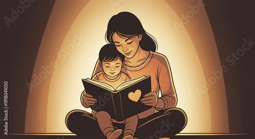 Mother and child reading heartwarming book together sitting cross legged on floor with warm lighting