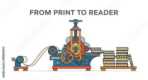 Vintage printing press machine transforming books from print to reader, industrial revolution style vector illustration.