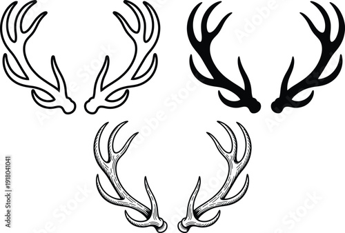 Deer Antlers Silhouette and Engraved Outline Vector Set