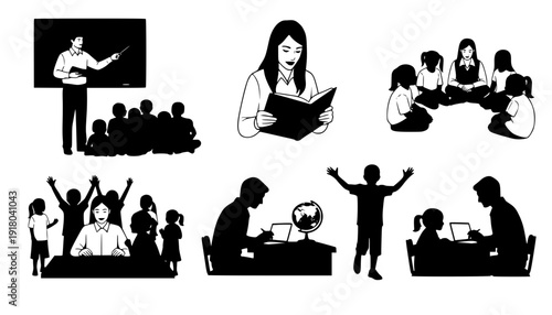 Set of teacher and student silhouette interactions, educational concept vector with children and adults in various learning scenes