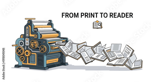 Vector illustration of a printing press transforming printed pages into an e-reader, symbolizing digital transition.