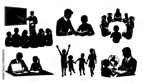 Set of teacher and student silhouette interactions, educational concept vector with children and adults in various learning scenes
