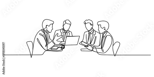 A continuous line art drawing of four business professionals collaborating around a table during a meeting. Vector, illustration