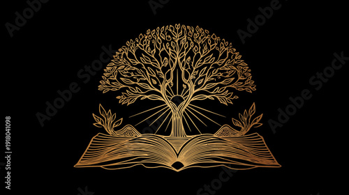 Elegant golden tree of knowledge growing from an open book with radiant light on a black background, symbolizing wisdom and growth.