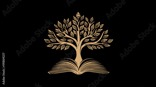 Vintage tree of knowledge growing from an open book, symbolizing wisdom, education, and learning on a black background.