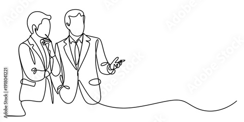 Continuous line drawing illustrating two businessmen in suits engaged in conversation and discussion Vector, illustration