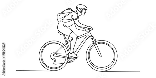 Continuous line art drawing of a cyclist riding a mountain bike with a backpack and helmet Vector, illustration