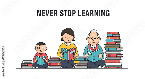 Vector illustration of three generations reading books with piles of books, symbolizing lifelong learning and education.