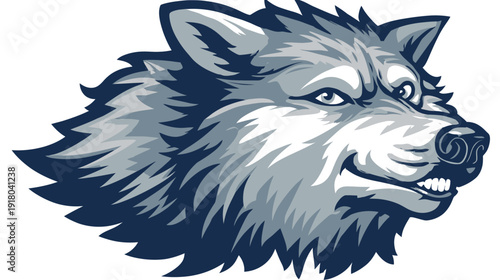 Fierce Gray Wolf Head Illustration - Stylized Wild Canine Mascot for Sports Team, School, or Aggressive Identity Design