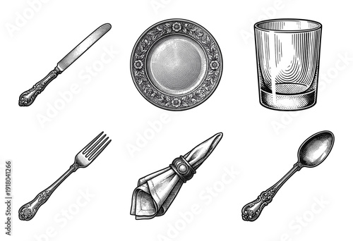 Vintage engraving style tableware collection featuring ornate cutlery plate glass and napkin in ring on white background.