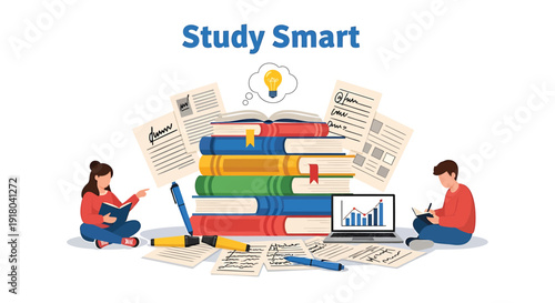 Education and learning concept with students studying around books and laptop, study smart.