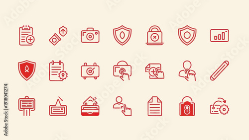 Set of red outlined icons representing security documents and data