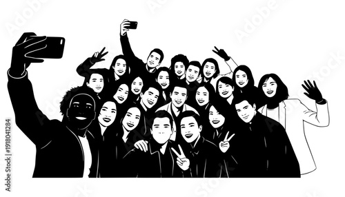Silhouette group of people selfie different poses silhouette vector set on white background.