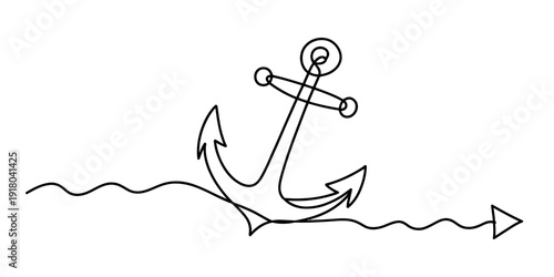 Continuous line drawing of an anchor and a wavy line representing water with an arrow Vector, illustration
