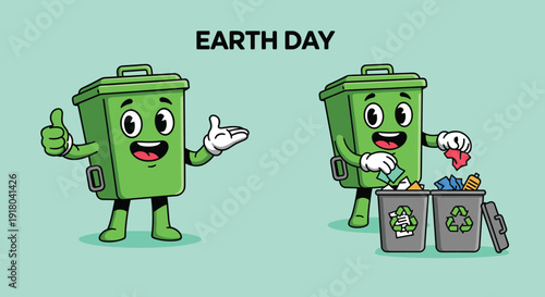 Cartoon Green Trash Can Characters Recycling Waste.